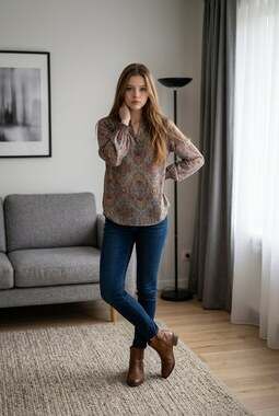 Violet + Claire Boho Paisley Print Ruffle Neck Long Sleeve Smocked Cuff Blouse